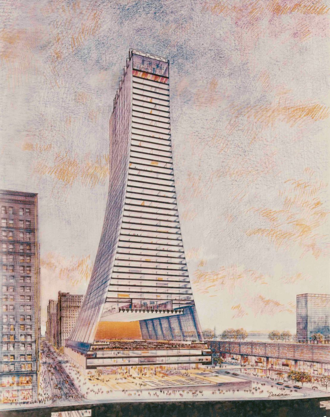 Architect Henry Cobb imagined a towering version of the New York Stock Exchange in 1963. He claimed the NYSE was keen on the idea, but it never moved forward.