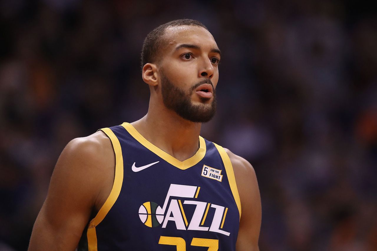 Utah Jazz center Rudy Gobert plays during the first half of an NBA game against the Phoenix Suns on October 28, 2019. 