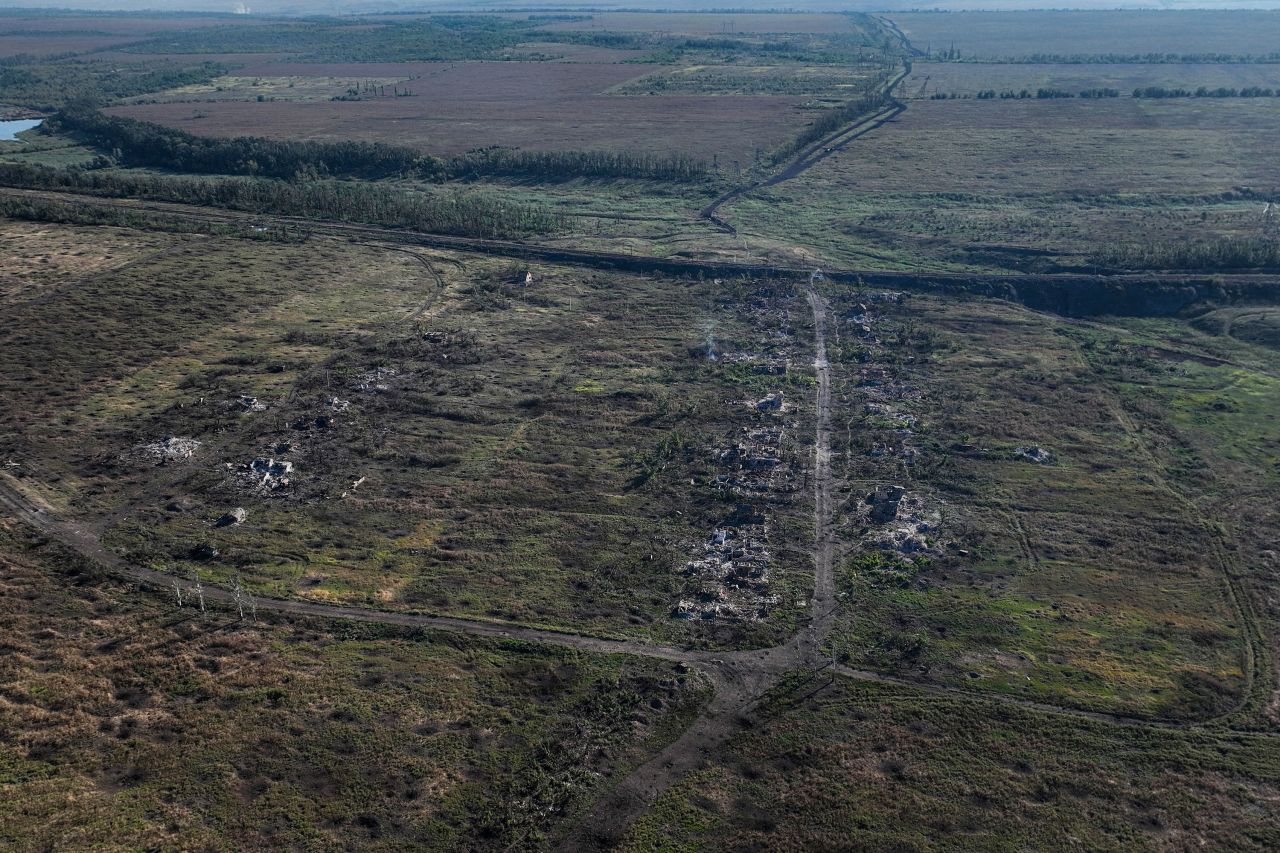 This September 6 drone image shows houses destroyed during fighting between Russian and Ukrainian armed forces in Andriivka, Ukraine. 