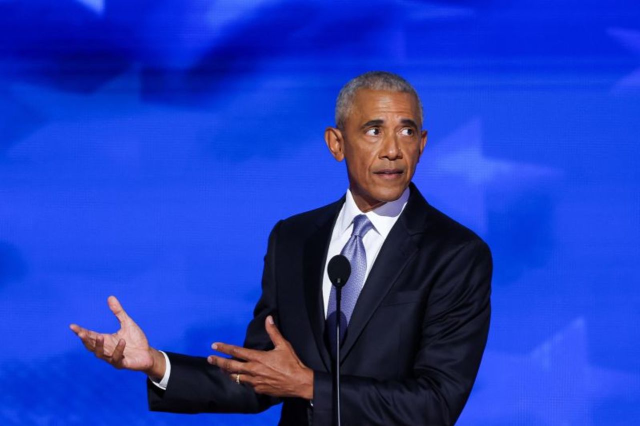 Former President Barack Obama gestures as he speaks during the Democratic National Convention in Chicago, Illinois, on August 20.