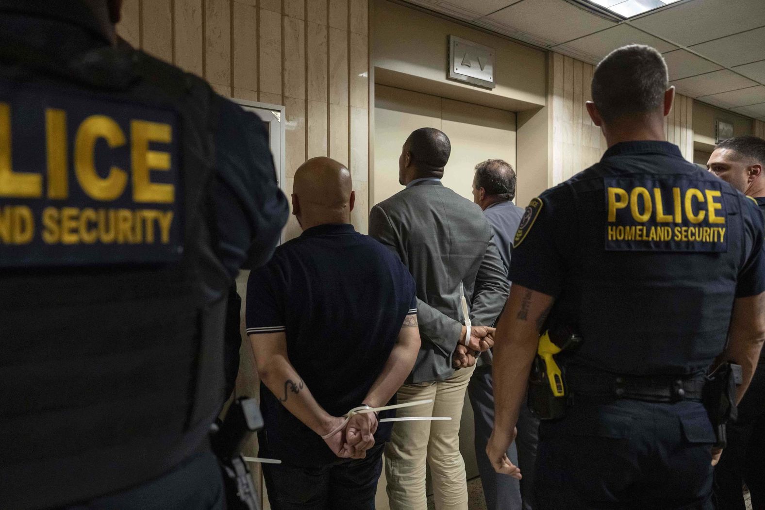 Federal agents detain some of the state and local officials who were <a href="index.php?page=&url=https%3A%2F%2Fwww.cnn.com%2F2025%2F09%2F19%2Fus%2Fice-chicago-protests-broadview">demanding access to an Immigration and Customs Enforcement facility in New York</a> on Thursday, September 18. At center, from left, are New York state assemblyman Steven Raga, New York state Sen. Jabari Brisport and New York City comptroller Brad Lander.