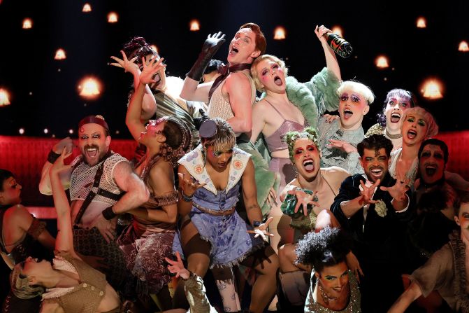 Eddie Redmayne and Gayle Rankin, center top, perform with other cast members from the “Cabaret at the Kit Kat Club