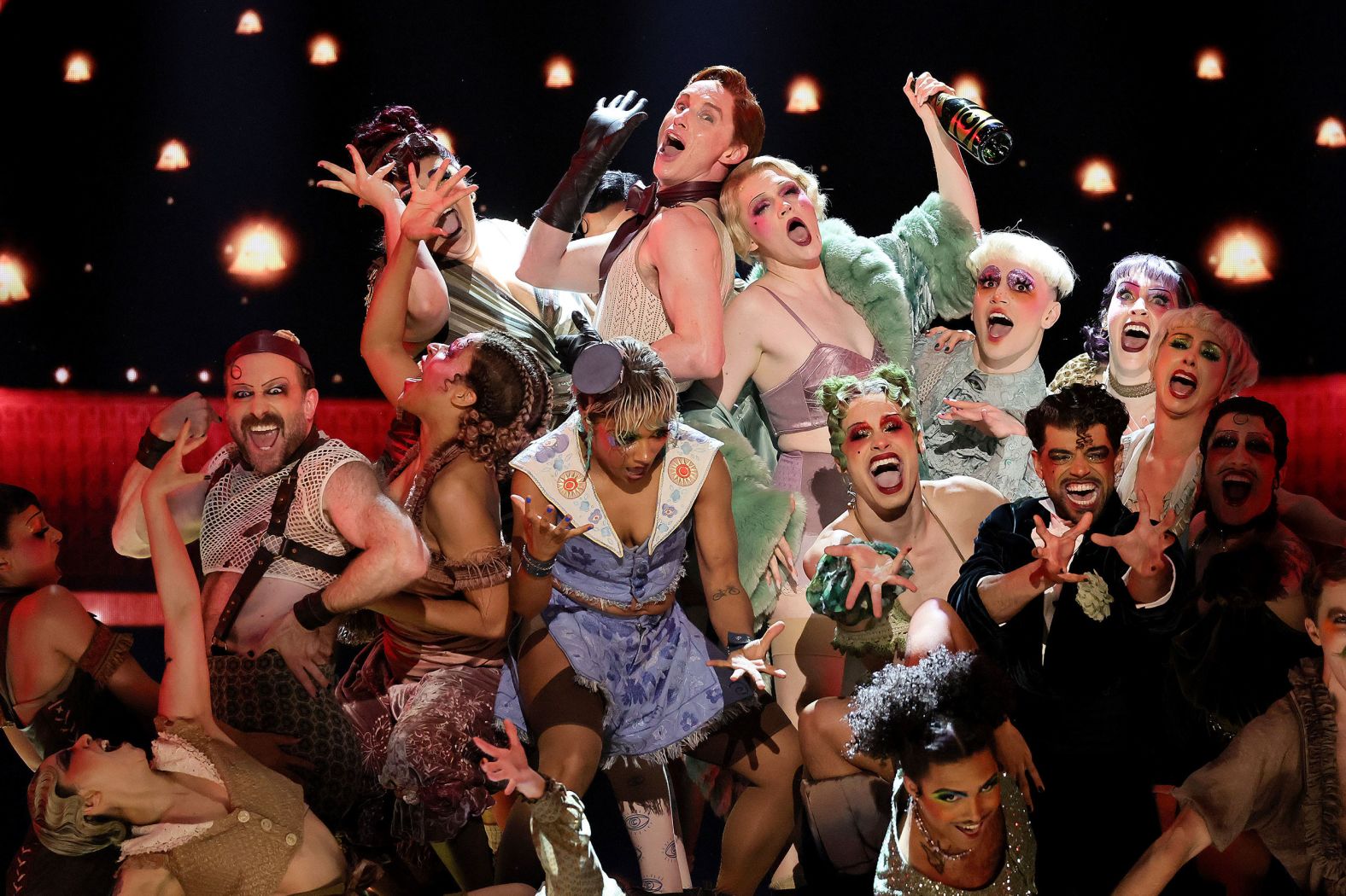 Eddie Redmayne and Gayle Rankin, center top, perform with other cast members from the “Cabaret at the Kit Kat Club" during the Tony Awards in New York on Sunday, June 16. <a href="index.php?page=&url=https%3A%2F%2Fwww.cnn.com%2F2024%2F06%2F16%2Fentertainment%2Fgallery%2Fthe-best-photos-from-the-2024-tony-awards%2Findex.html">See the best photos from the show</a>.