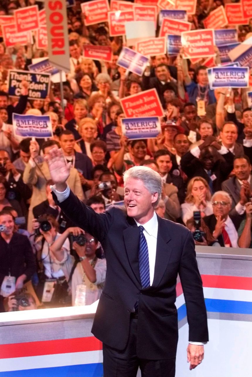 President Bill Clinton acknowledges applause from delegates at the 2000 Democratic National Convention in Los Angeles.