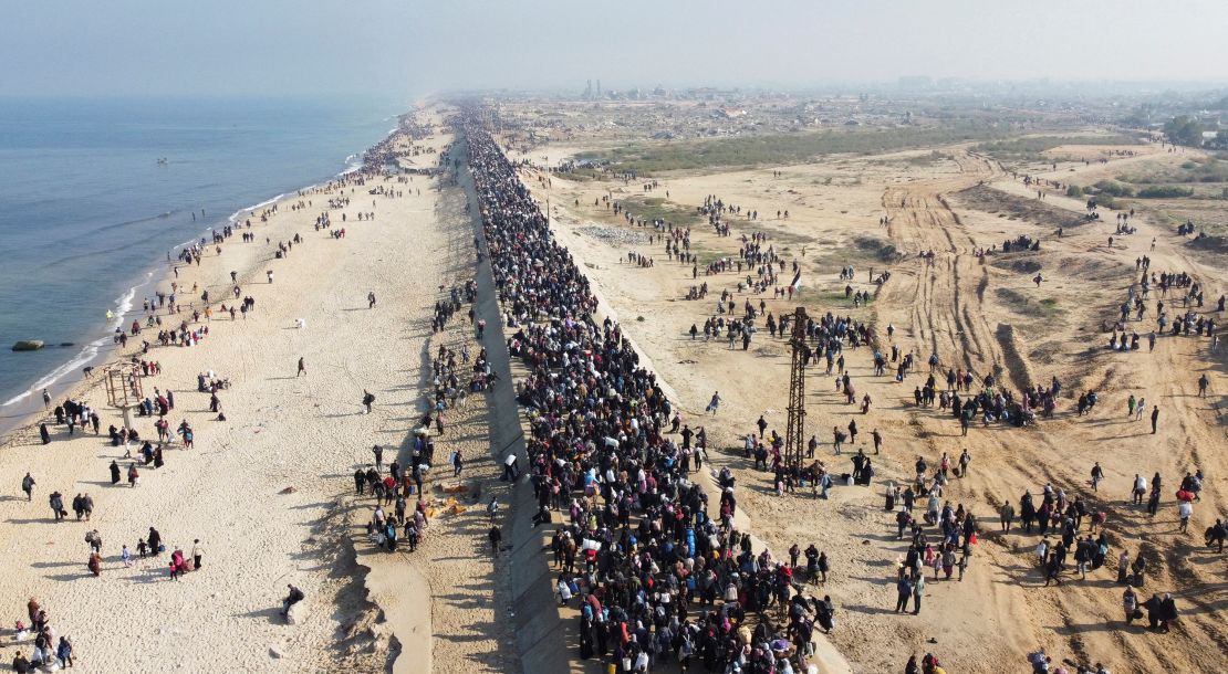 Palestinians, displaced from northern Gaza at Israel's order, walk north at the end of January.