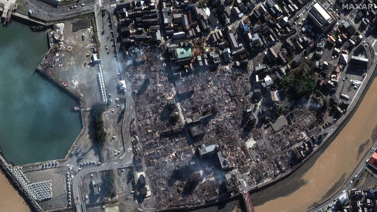 A satellite photo taken on January 2, shows fire damage and signs of siol liquefcation near Wajima, Japan.