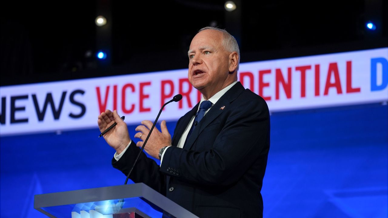 Minnesota Gov. Tim Walz speaks during a vice presidential debate hosted by CBS News on Tuesday in New York.