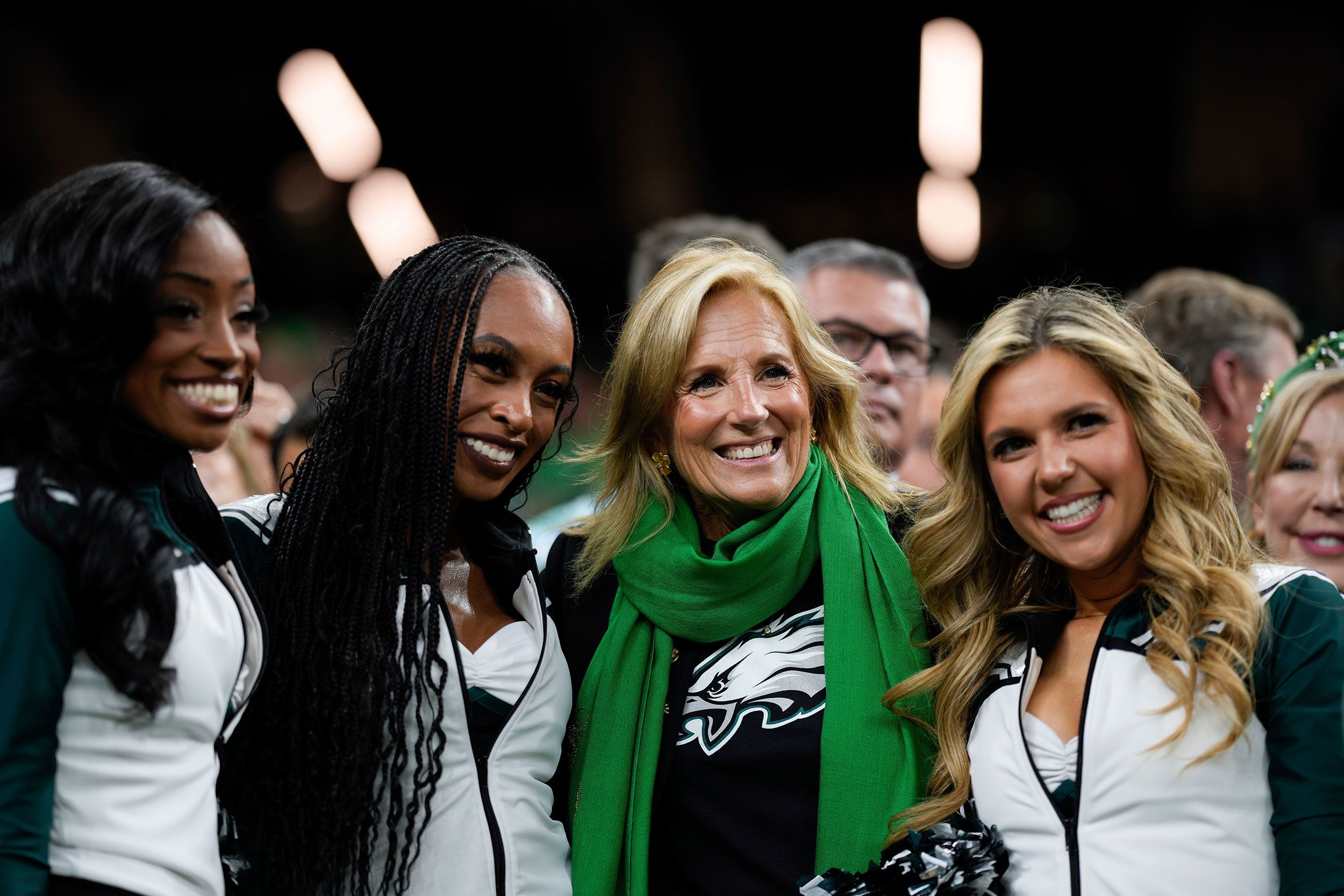 Former first lady Jill Biden, an Eagles fan, hangs out with Eagles cheerleaders at the Superdome.