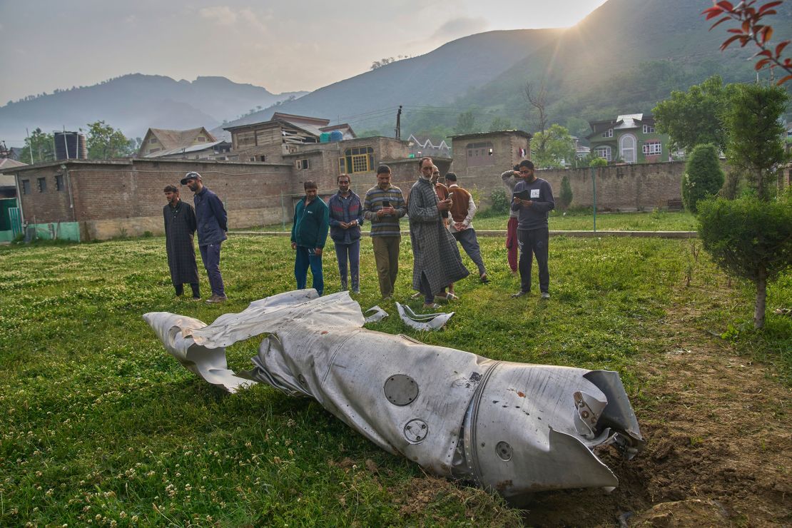 Debris of an aircraft lie in the compound of a mosque at Pampore in Pulwama district of Indian-controlled Kashmir, Wednesday, May 7, 2025.