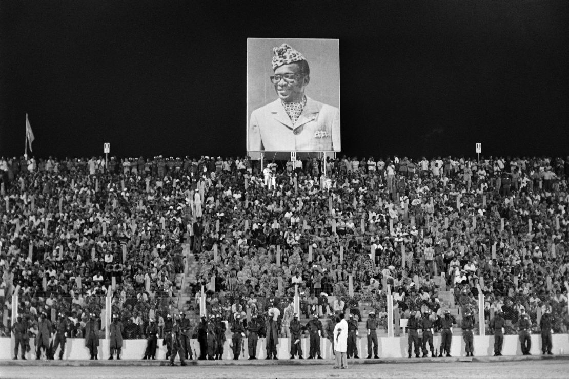 A portrait of President of Zaire Mobutu Sese Seko can be seen at the stadium in Kinshasa during the fight.