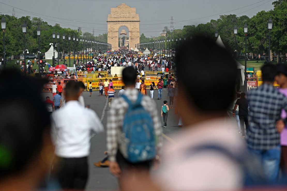 A crowd in front of the India Gate in New Delhi in April 2023.