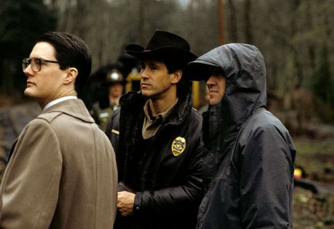 Lynch, right, MacLachlan and Michael Ontkean film the pilot episode of the cult classic show "Twin Peaks" in 1990.