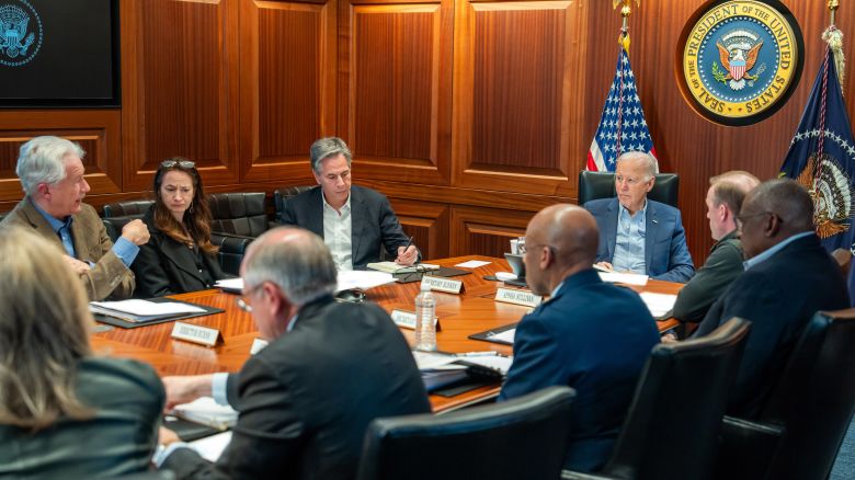 President Joe Biden meets with members of the National Security team regarding the unfolding missile attacks on Israel from Iran on April 13, 2024, in the White House Situation Room in Washington, DC. Some portions of this handout photo have been blurred by the source.