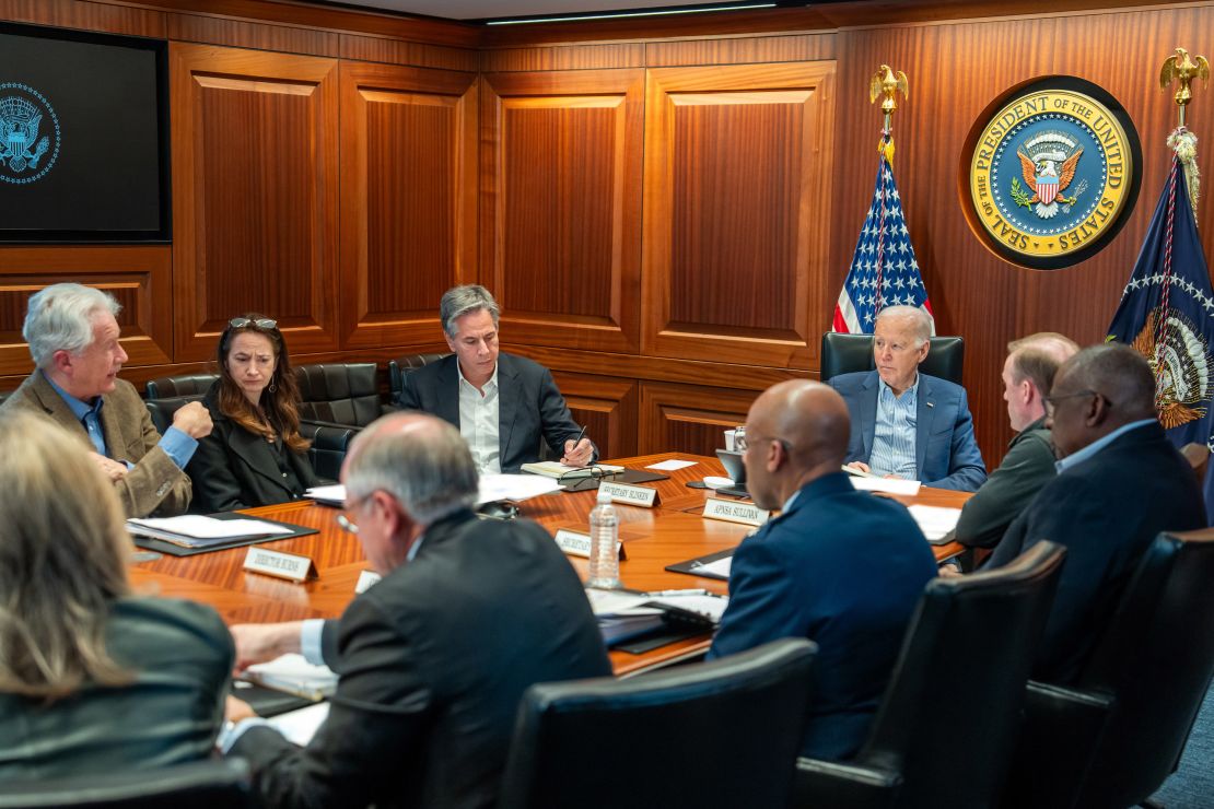 President Joe Biden meets with members of the National Security team regarding the unfolding missile attacks on Israel from Iran on April 13, 2024, in the White House Situation Room.