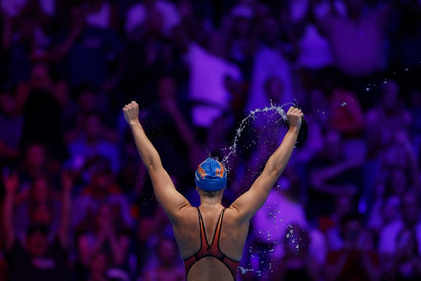 Ledecky reacts after the women's 400m freestyle at the 2024 US Olympic team swimming trials in June 2024.