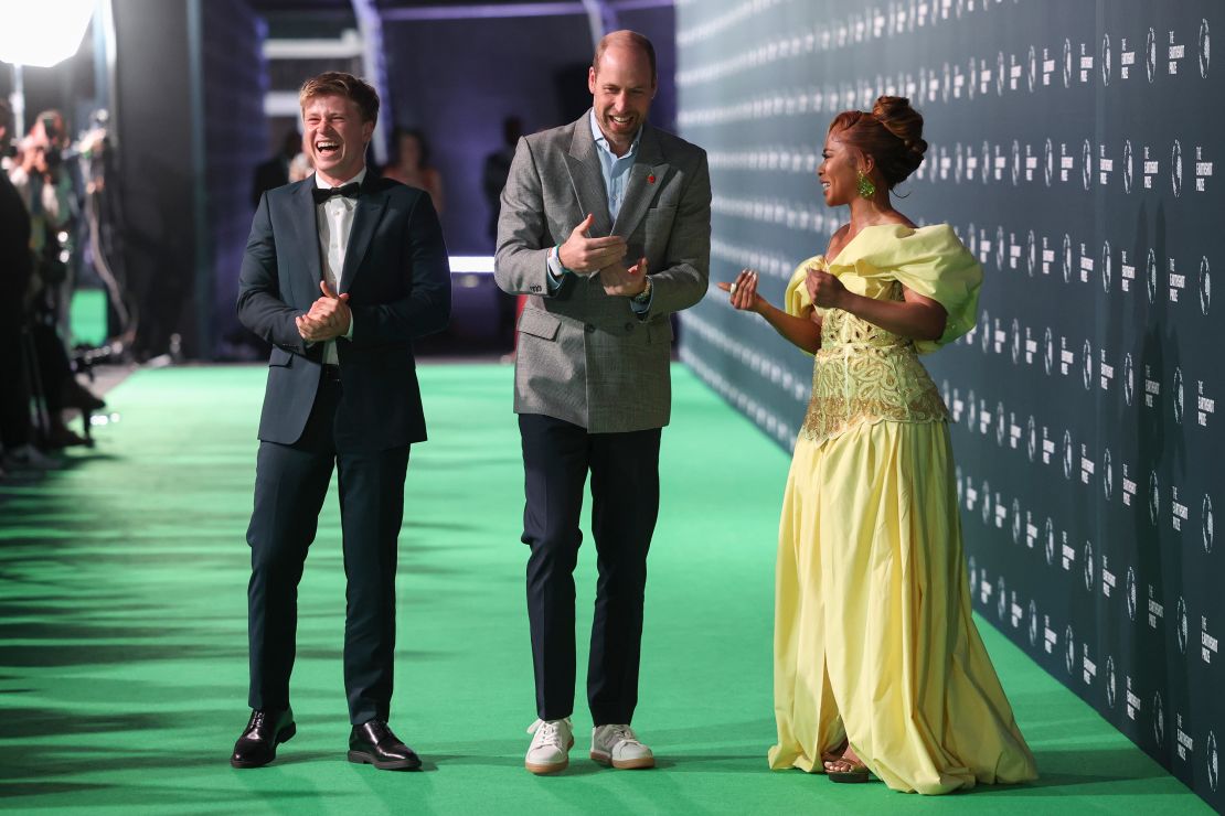 The Prince of Wales walks with co-host Nomzamo Mbatha and Australian conservationist and television presenter Robert Irwin as they arrive for the 2024 Earthshot Prize awards in Cape Town, South Africa on November 6.