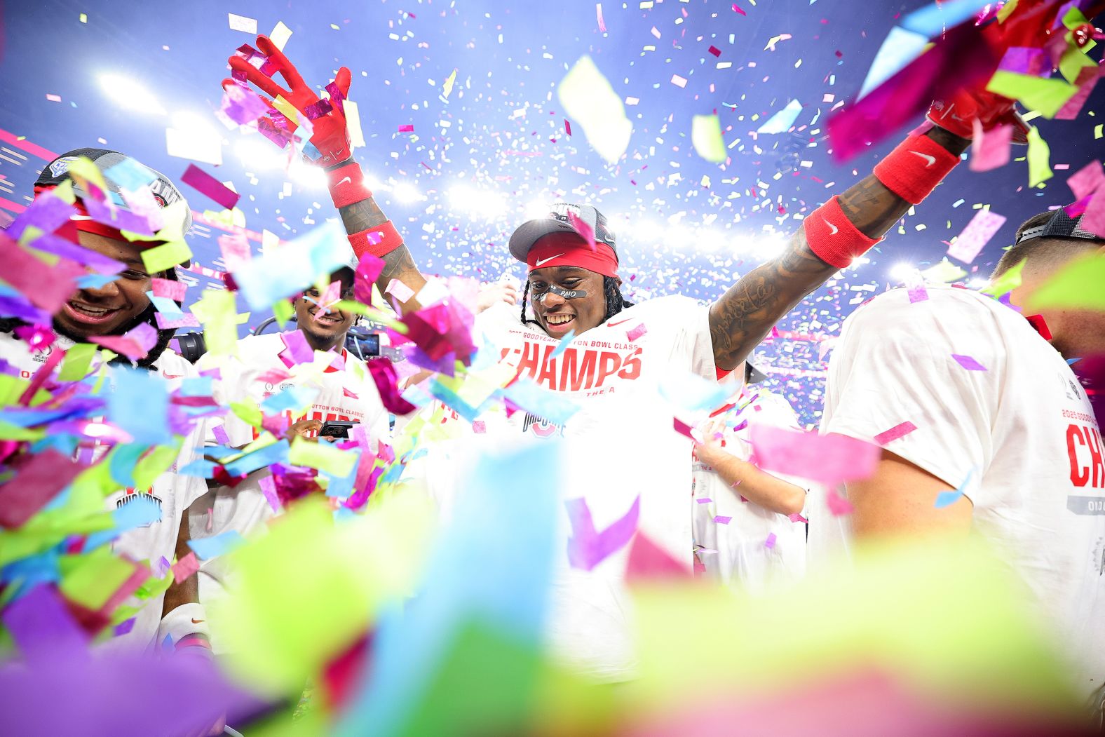 Ohio State defensive back Jaylen McClain celebrates after <a href="index.php?page=&url=https%3A%2F%2Fwww.cnn.com%2F2025%2F01%2F10%2Fsport%2Fohio-state-beats-texas-cotton-bowl%2Findex.html">the Buckeyes defeated Texas 28-14</a> in the Cotton Bowl Classic on Friday, January 10. Ohio State will play Notre Dame in college football’s national championship game on January 20.