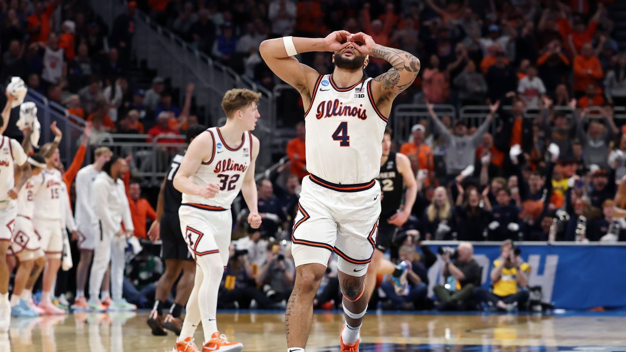 MILWAUKEE, WISCONSIN - MARCH 21: Kylan Boswell #4 of the Illinois Fighting Illini celebrates after making a shot in the second half against the Xavier Musketeers in the first round of the NCAA Men's Basketball Tournament at Fiserv Forum on March 21, 2025 in Milwaukee, Wisconsin.  (Photo by Stacy Revere/Getty Images)