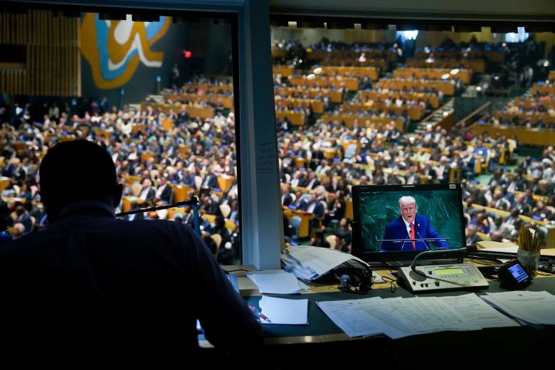 Trump is seen on screen during the United Nations General Assembly.