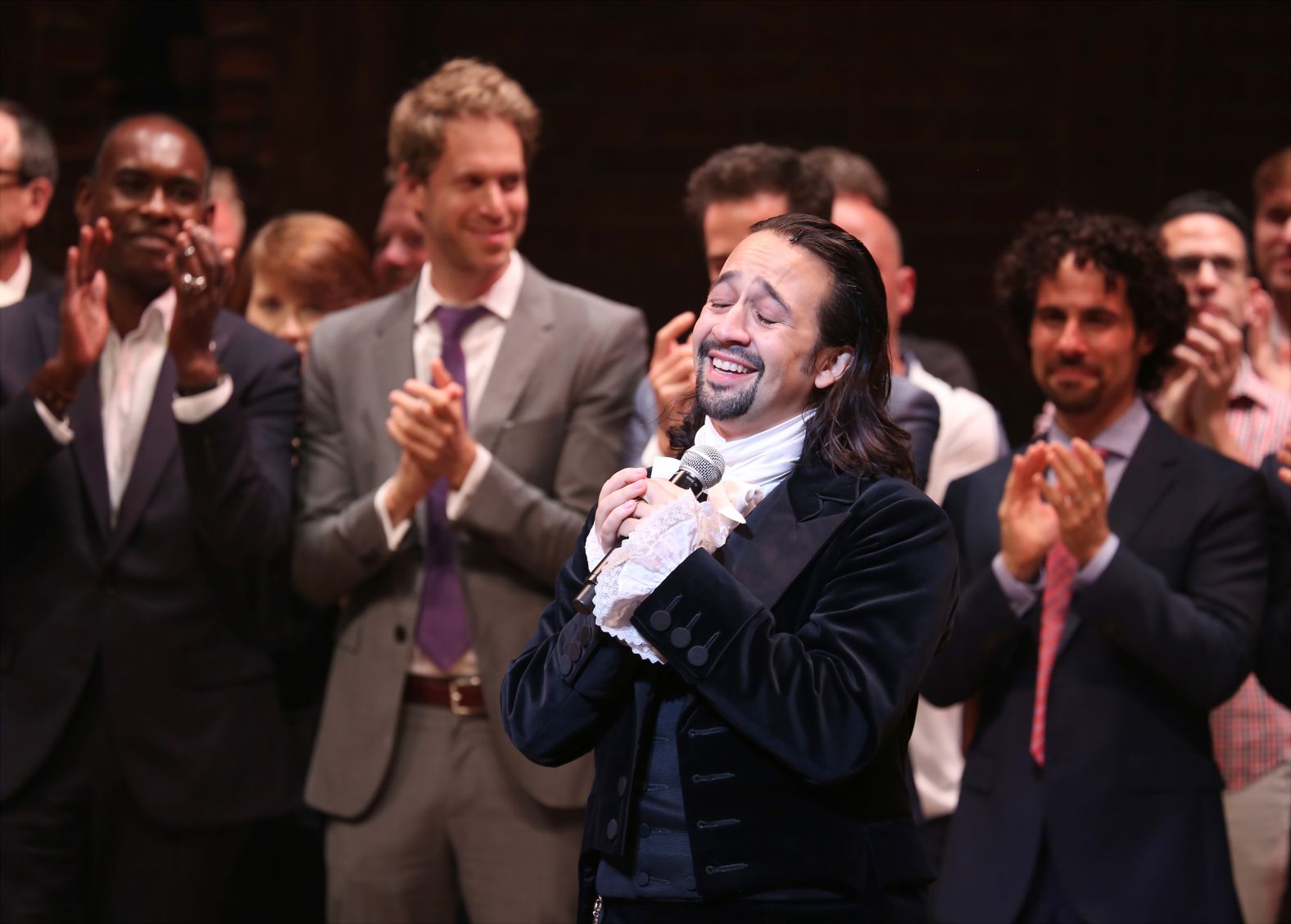 Miranda speaks during the musical's opening night performance on Broadway in August 2015.