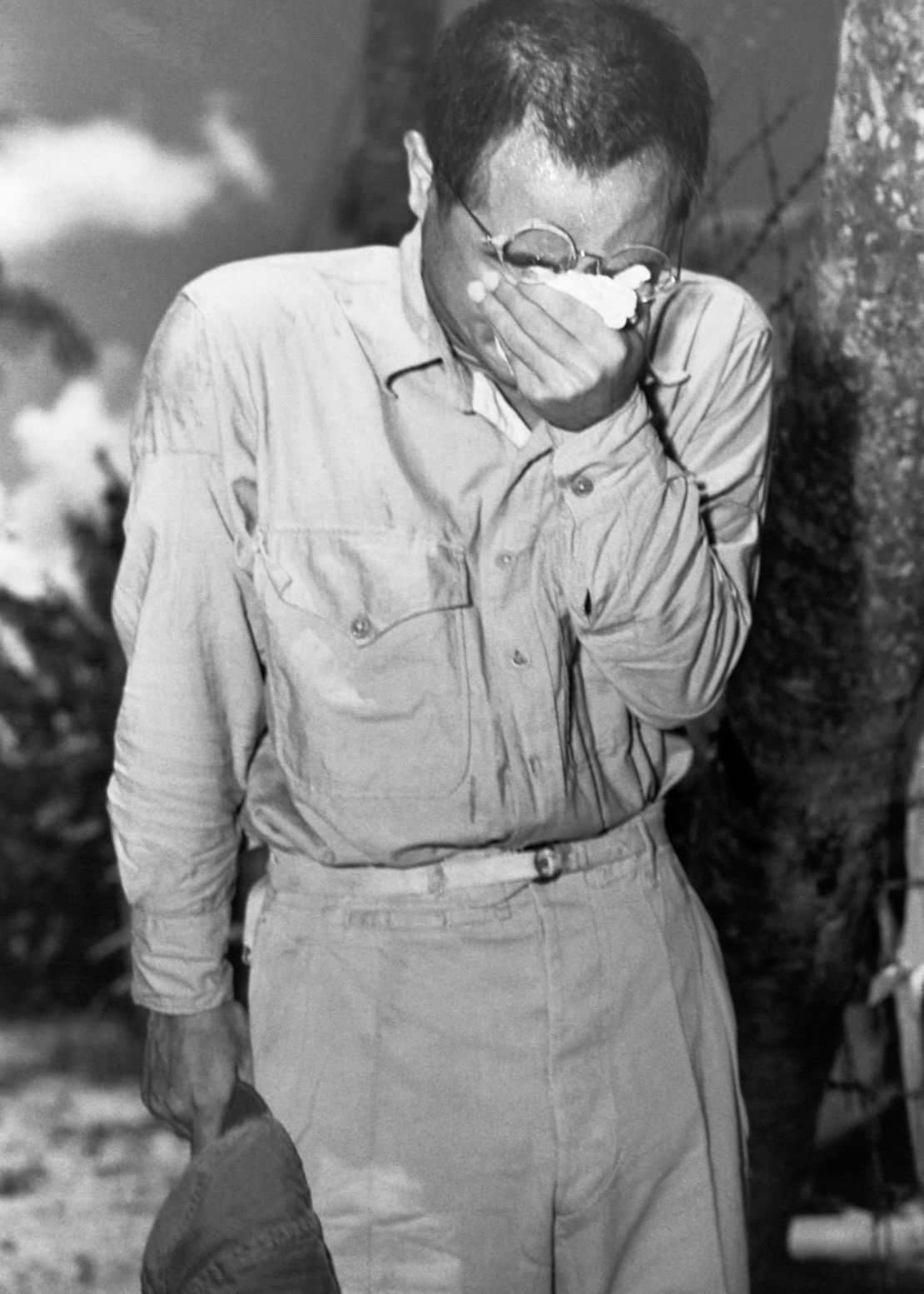 A Japanese prisoner of war at Guam cries after hearing Emperor Hirohito announce Japan's unconditional surrender, on August 15, 1945.