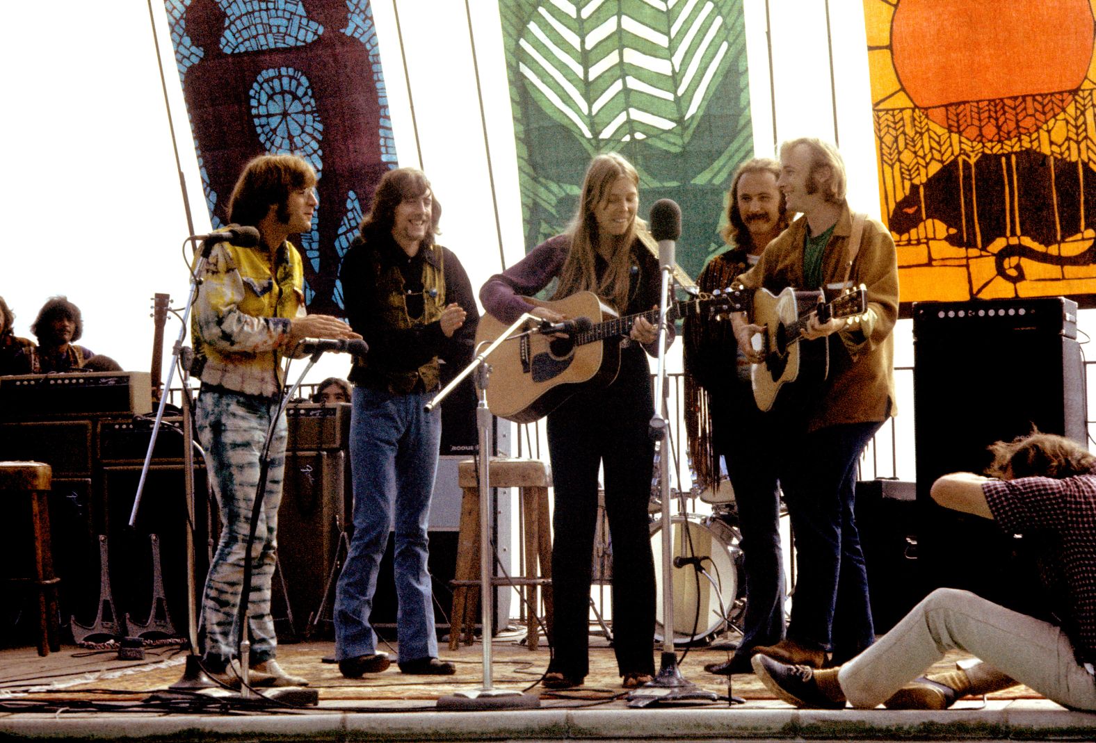 Mitchell takes the stage at the 1969 Big Sur Folk Festival with John Sebastian, Graham Nash, David Crosby and Stephen Stills.