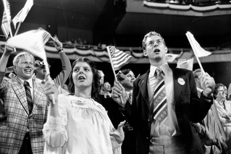 People participate in the Bicentennial God Bless America Festival at Yankee Stadium in New York on June 1, 1976.