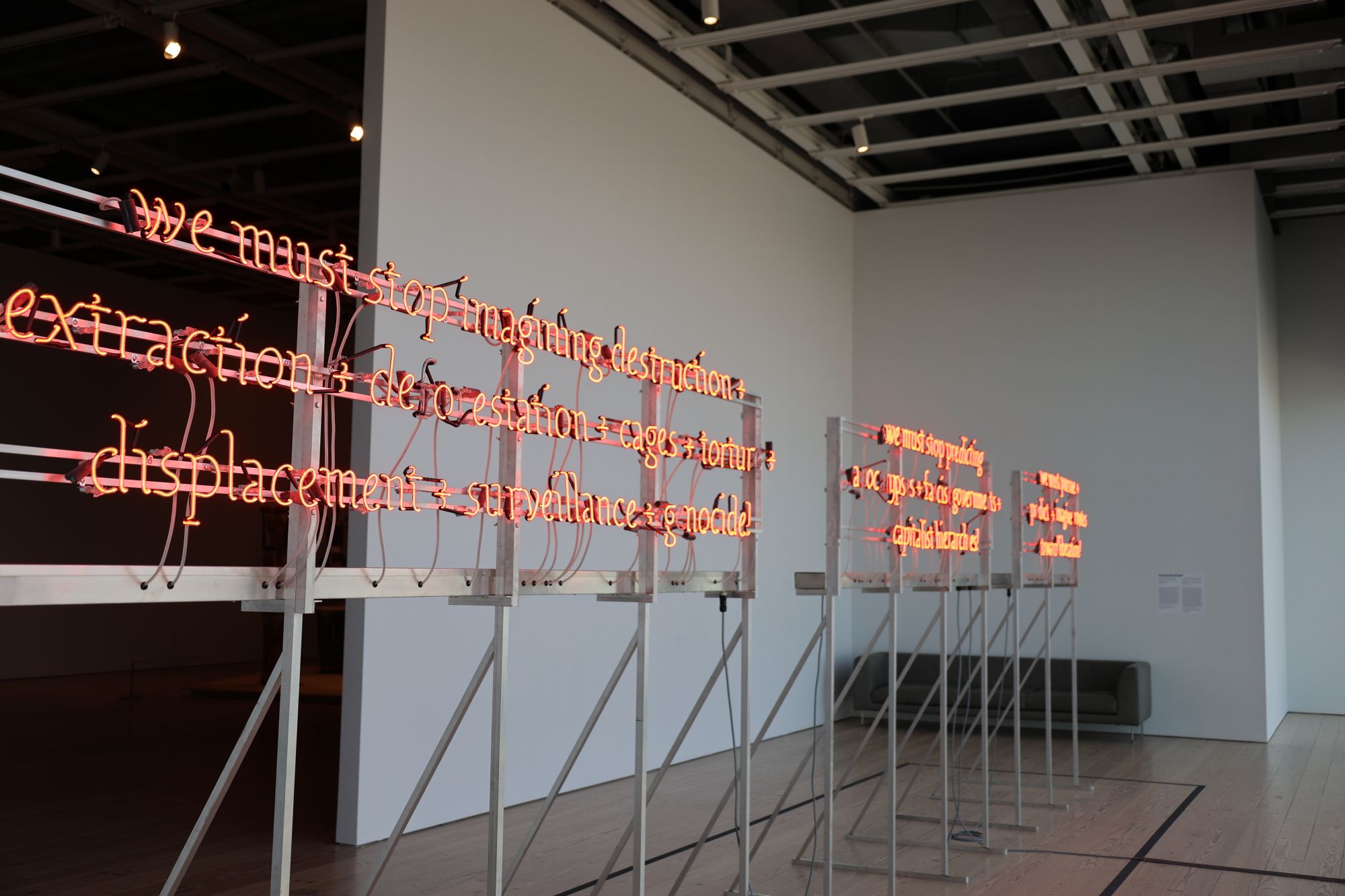 In Demian DinéYazhi´'s neon poetry, flickering letters spelled the hidden plea “Free Palestine.” The hidden component to the Diné artist's installation was unknown to the Whitney Biennial’s curators.