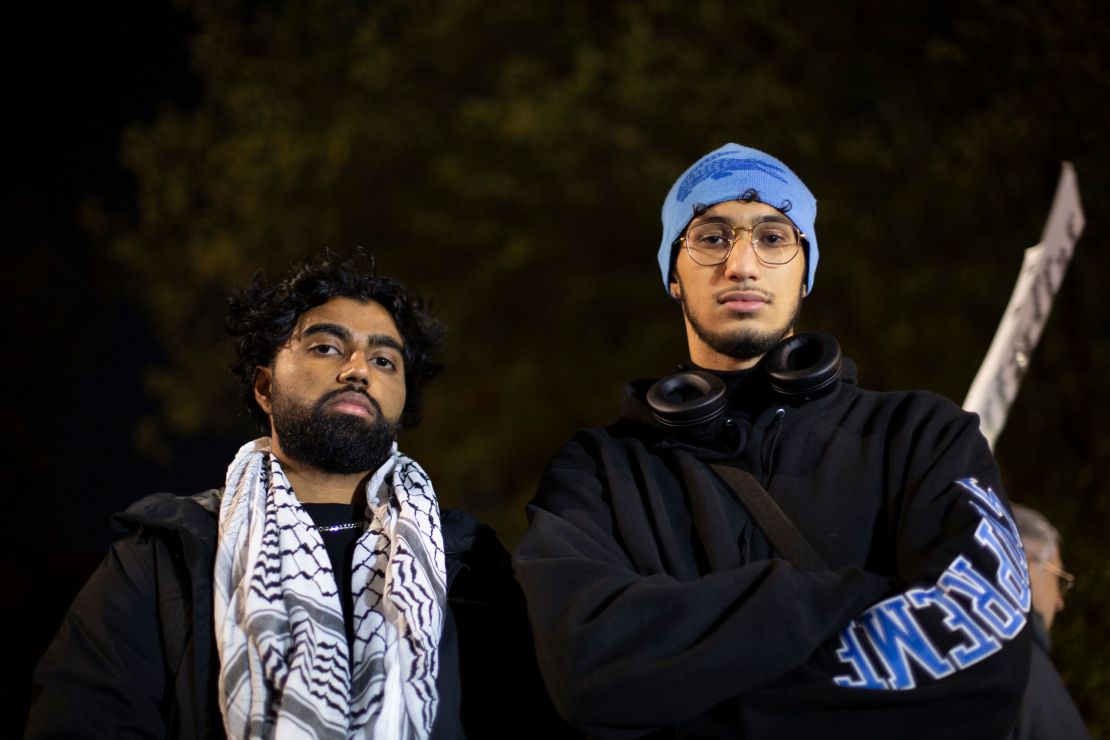 Pritam, left, and Sami, 20-year-old students, attended the pro-Palestinian demonstration in New York on November 10. Sami felt inspired to attend the rally after seeing images of violence in Gaza on social media.