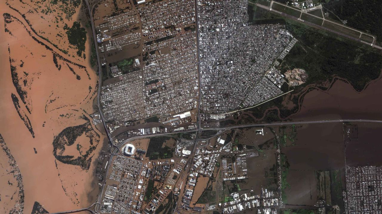 Overview of the Guaiba River in Porto Alegre, Brazil, captured on May 7, amid flooding.