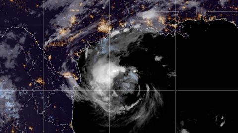 This satellite image taken at 1:50 a.m. EDT on Saturday, July 7, 2024 shows Tropical Storm Beryl moving toward Texas.