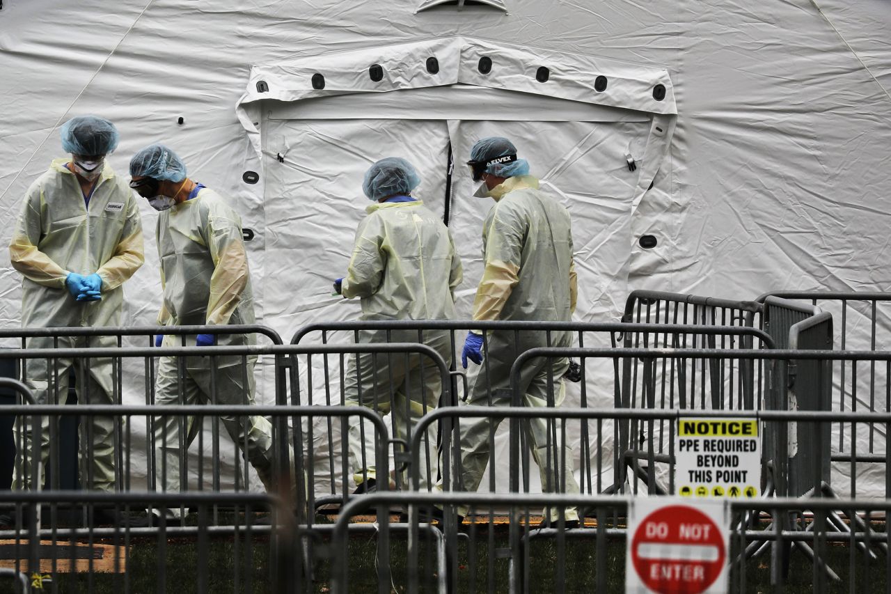 Samaritans' Purse members gather at a field hospital for coronavirus patients in Central Park on April 4 in New York City. 