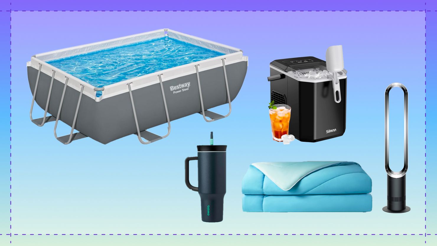 Pool, ice machine, large tumbler, comforter, and Dyson fan placed against gradient purple to blue background.