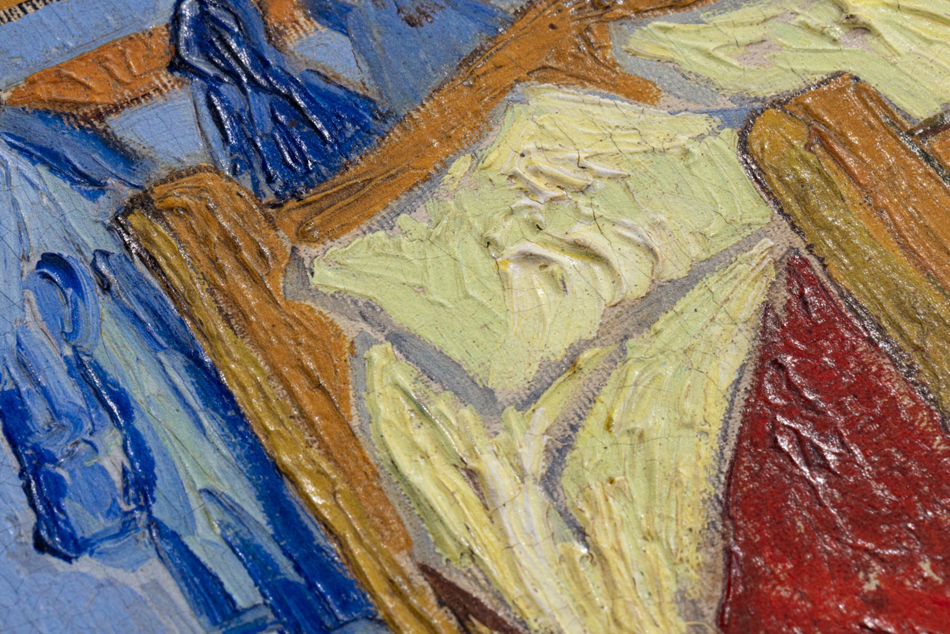 A close-up shot shows the textured surface of Lito Masters' reproduction of Vincent van Gogh's "Bedroom in Arles."