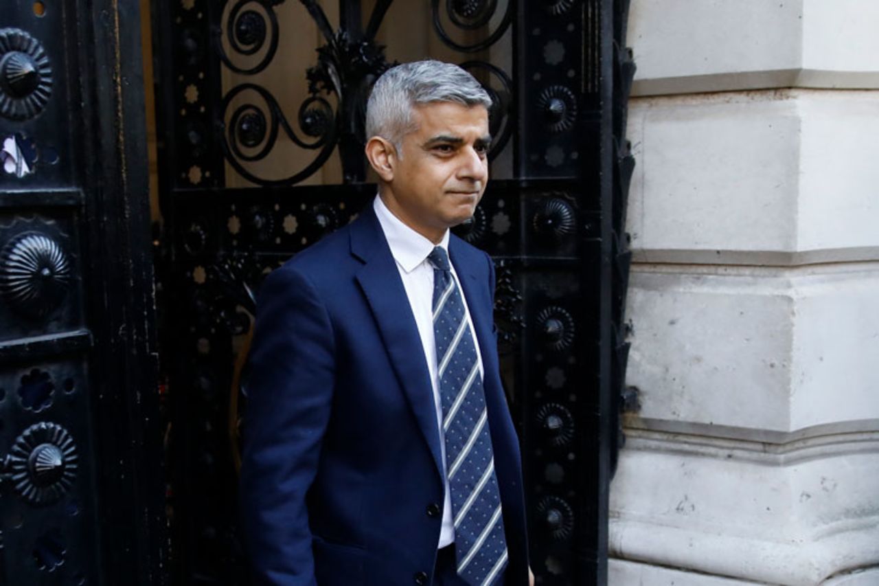 London Mayor Sadiq Khan arrives at 10 Downing Street in London on March 16 for a COBRA meeting on the government's response to the coronavirus outbreak.