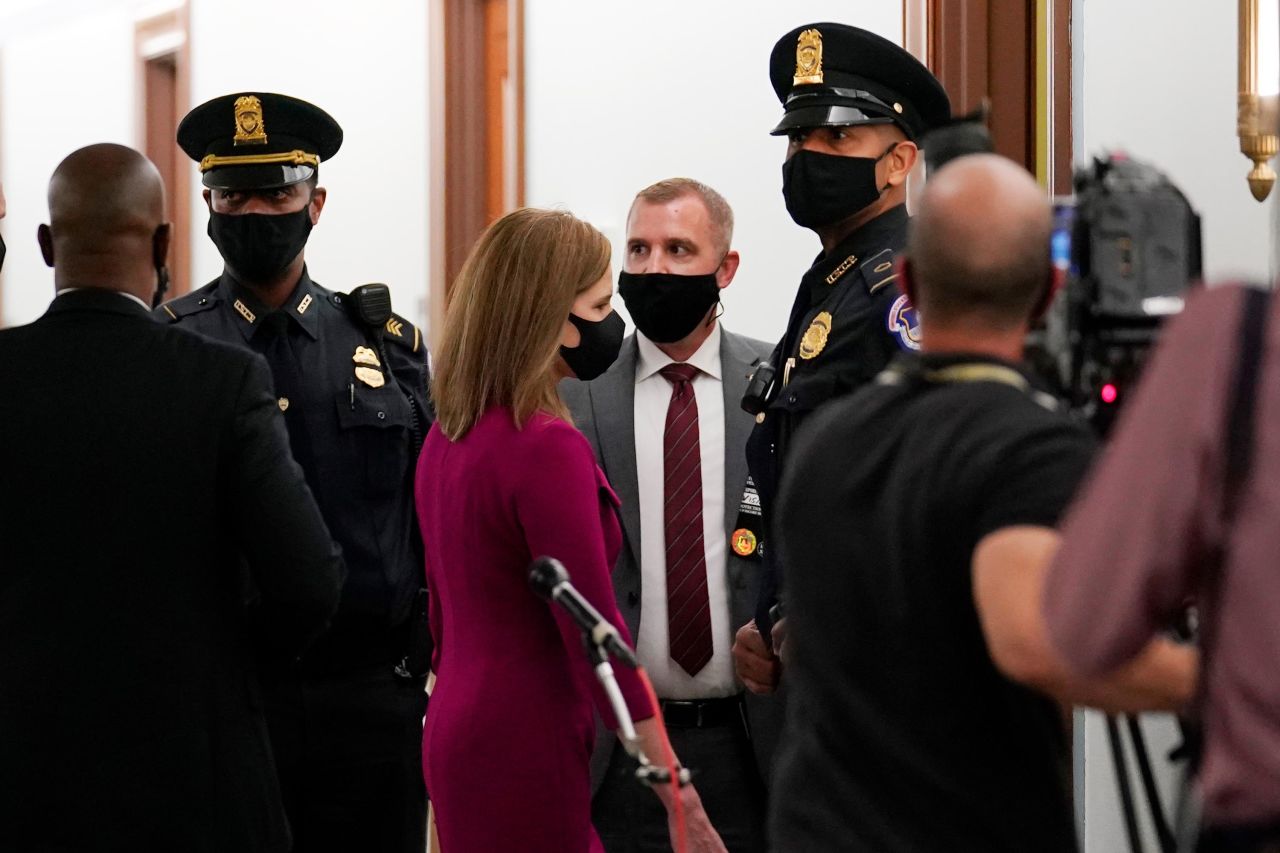 Supreme Court nominee Amy Coney Barrett arrives on Capitol Hill to begin her confirmation hearing before the Senate Judiciary Committee, Monday, October 12 on Capitol Hill.