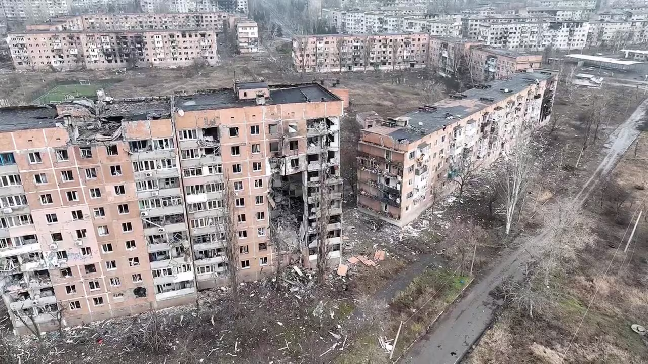 Damaged buildings are seen in Vuhledar, Ukraine, on Friday, January 27. 