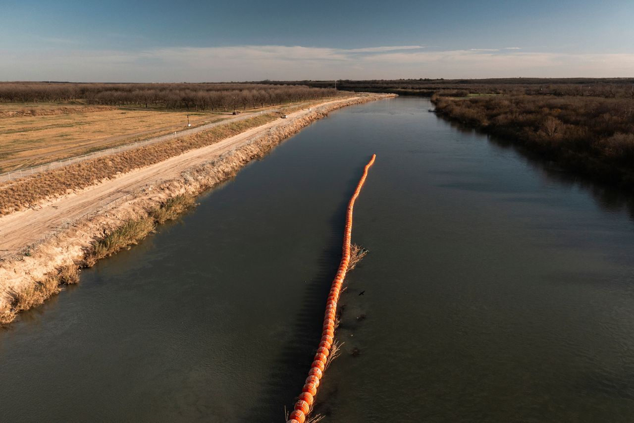 A string of buoys in the Rio Grande River in Eagle Pass, Texas, on Friday, February 23. 