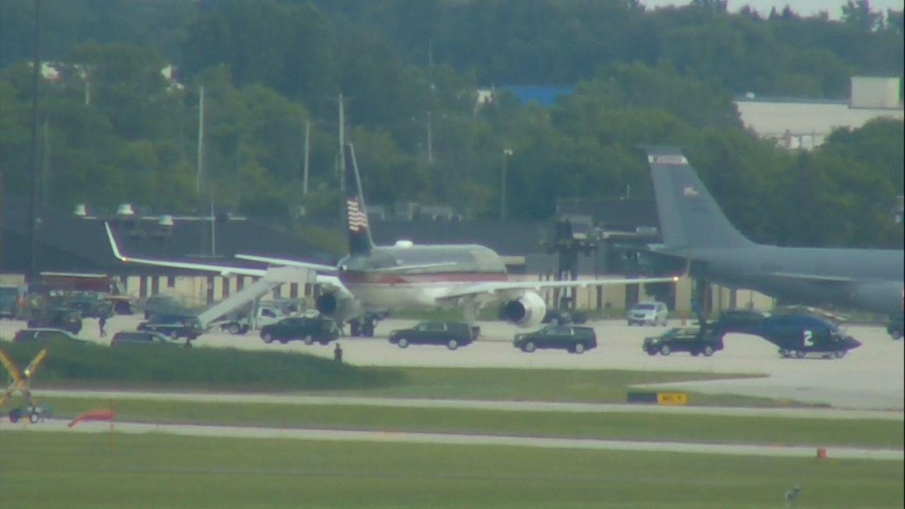 Former President Donald Trump's plane is seen on the ground in Milwaukee on Sunday evening.