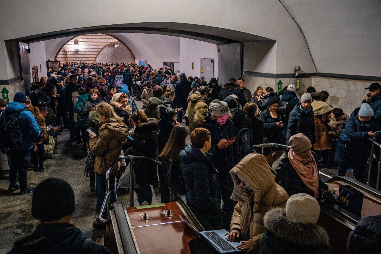 Civilians take shelter inside a metro station during air raid alert in the centre of Kyiv, Ukraine, on December 16.