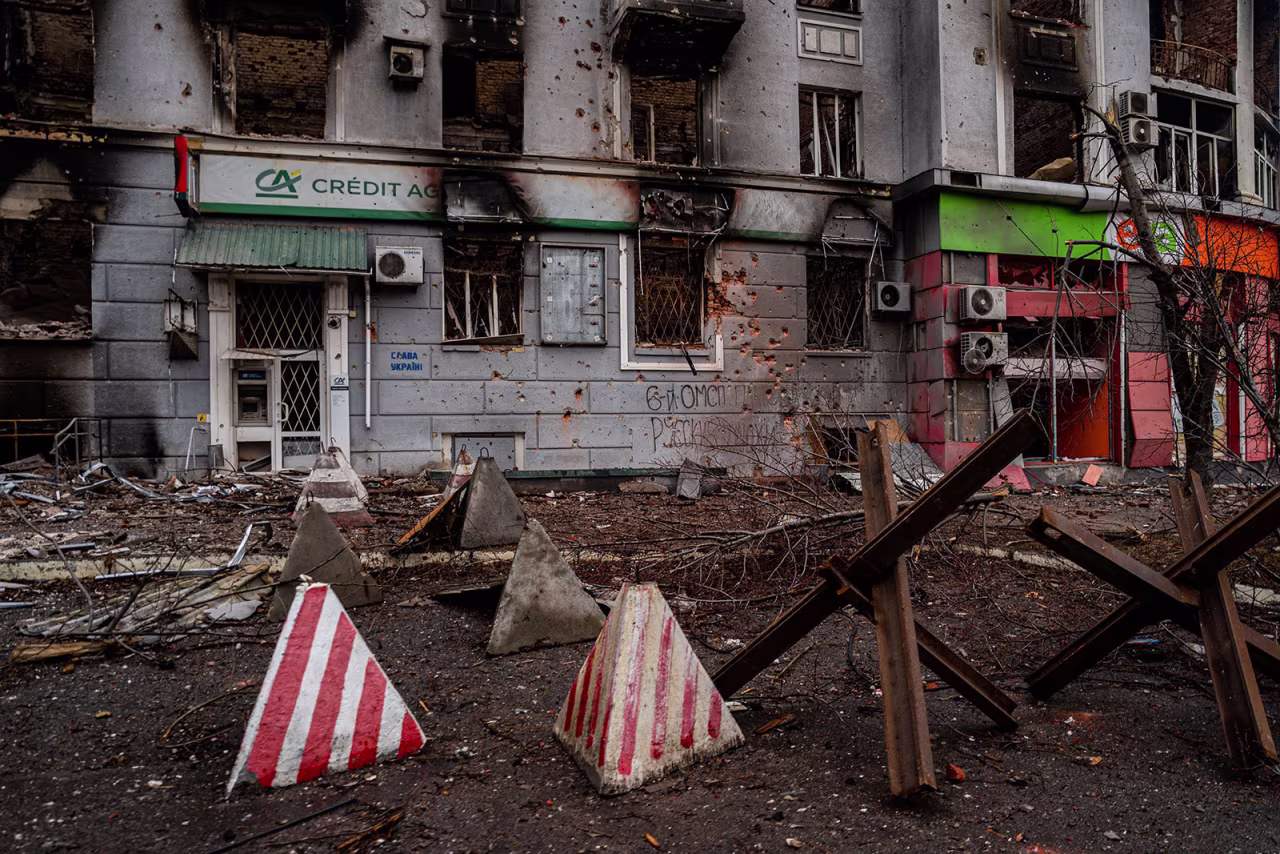 This photograph taken on February 27, 2023, shows a damaged and burnt residential building as the sounds of shelling continue in Bakhmut,