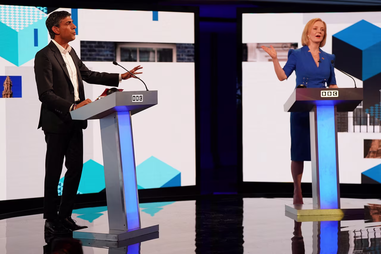 Rishi Sunak and Liz Truss during the BBC Conservative party leadership debate at Victoria Hall in Hanley, Stoke-on-Trent, on July 25.