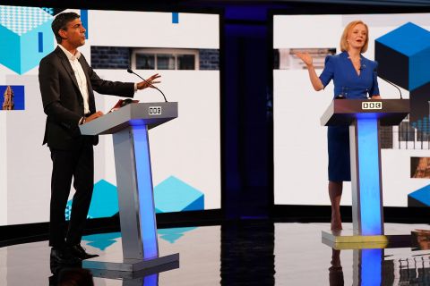 Rishi Sunak and Liz Truss during the BBC Conservative party leadership debate at Victoria Hall in Hanley, Stoke-on-Trent, on July 25.