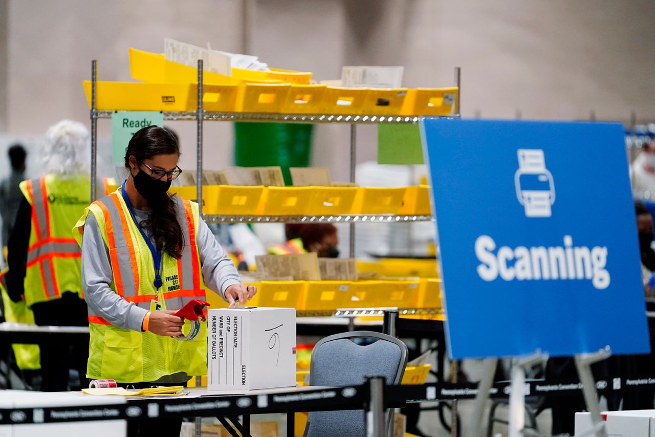 A Philadelphia election worker processes mail-in and absentee ballots for the 2020 general election in the United States at the Pennsylvania Convention Center, Tuesday, Nov. 3, in Philadelphia. 