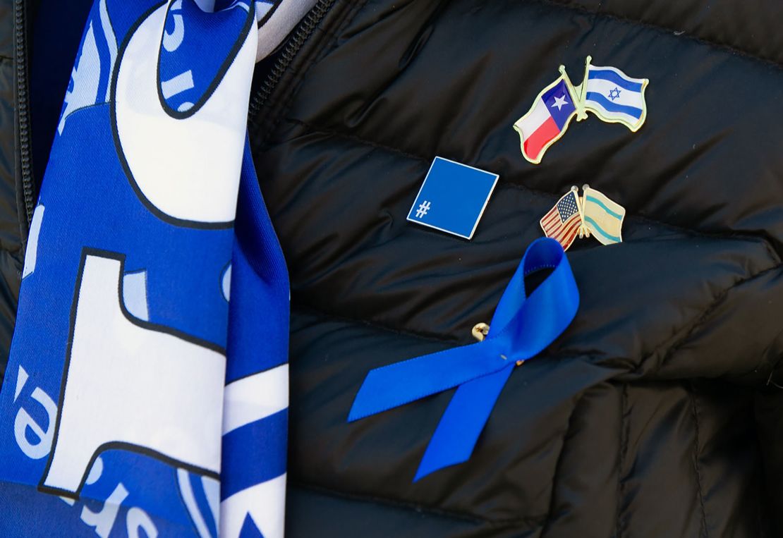A woman from Dallas shows off her pro-Israeli pins before attending Tuesday's rally in DC.