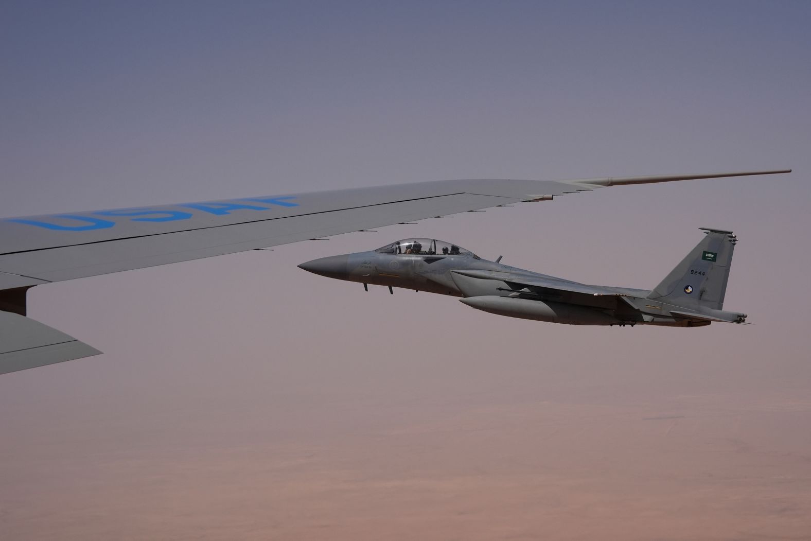 Saudi Air Force planes escort Air Force One as President Donald Trump arrives in Saudi Arabia on Tuesday, May 13.