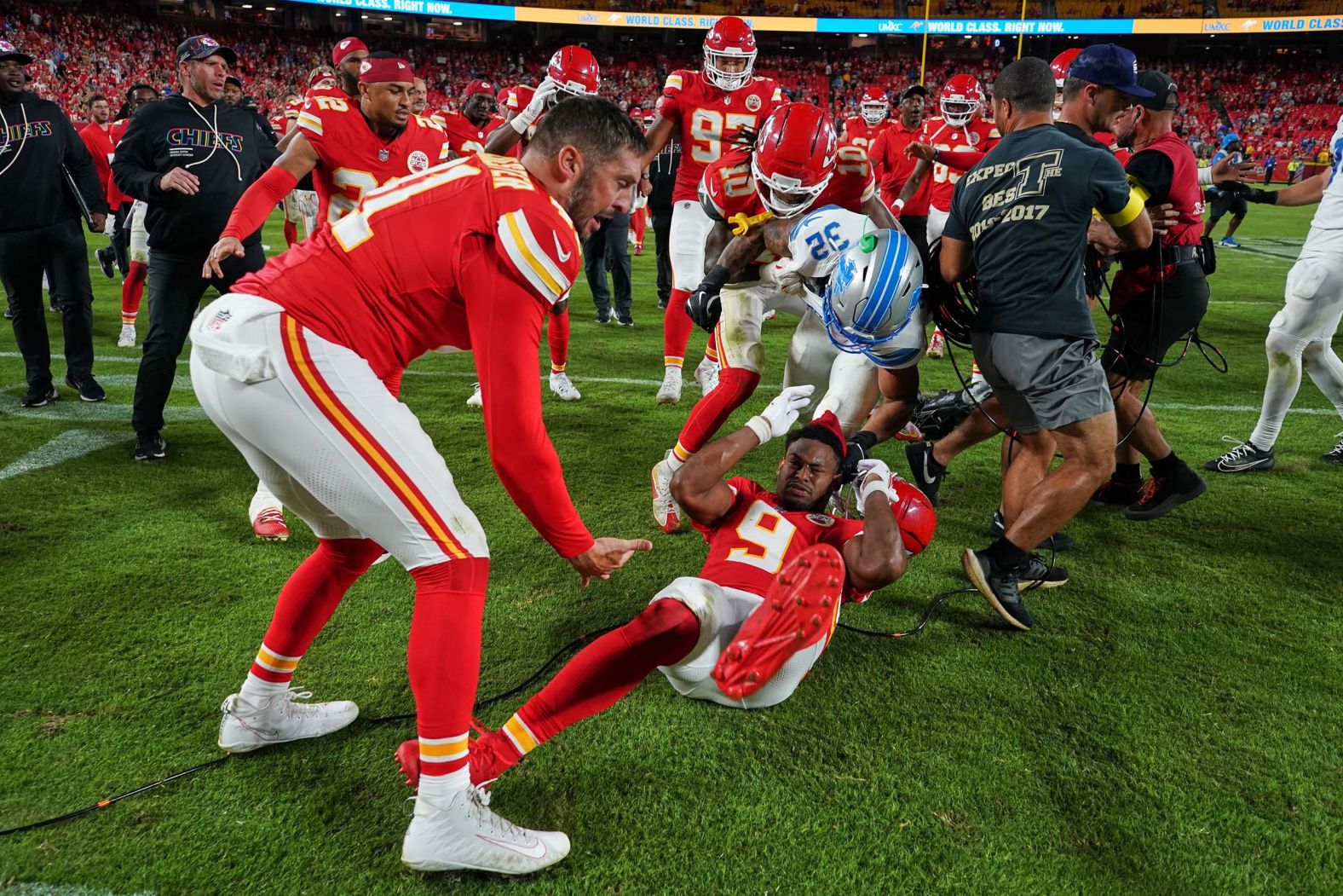 The Detroit Lions’ Brian Branch, in white, fights with Kansas City Chiefs wide receiver JuJu Smith-Schuster after the Chiefs’ win on Sunday, October 12. <a href="index.php?page=&url=https%3A%2F%2Fwww.cnn.com%2F2025%2F10%2F13%2Fsport%2Ffootball-nfl-week-6-sunday-review-intl">Branch apologized for his actions</a> and said that he reacted the way he did because Smith-Schuster had hit him in the back late in the game, which he thought was illegal. The NFL suspended Branch one game without pay for unsportsmanlike conduct.