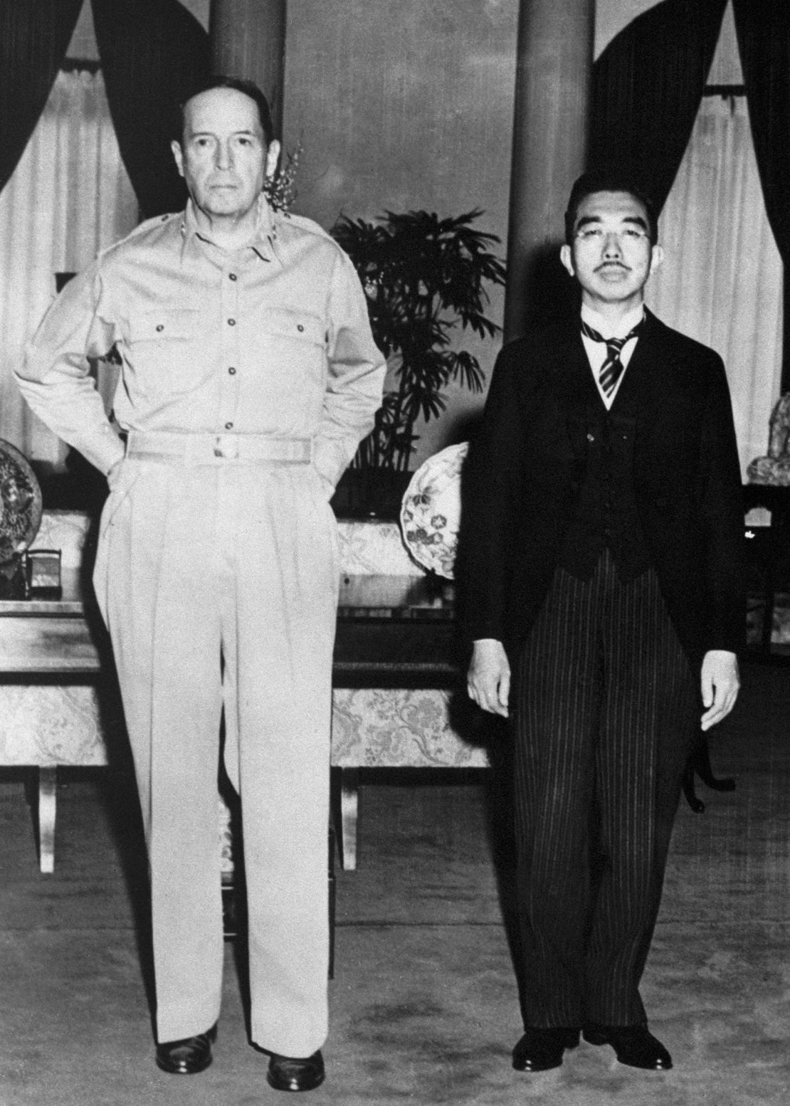 US General Douglas MacArthur meets with Japan's Emperor Hirohito at the US ambassador's residence in Tokyo on September 27, 1945, following Japan's surrender.