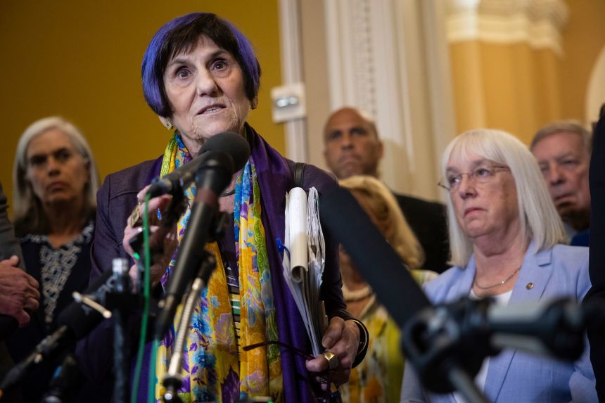 Rep. Rosa DeLauro speaks with reporters at the US Capitol in July.