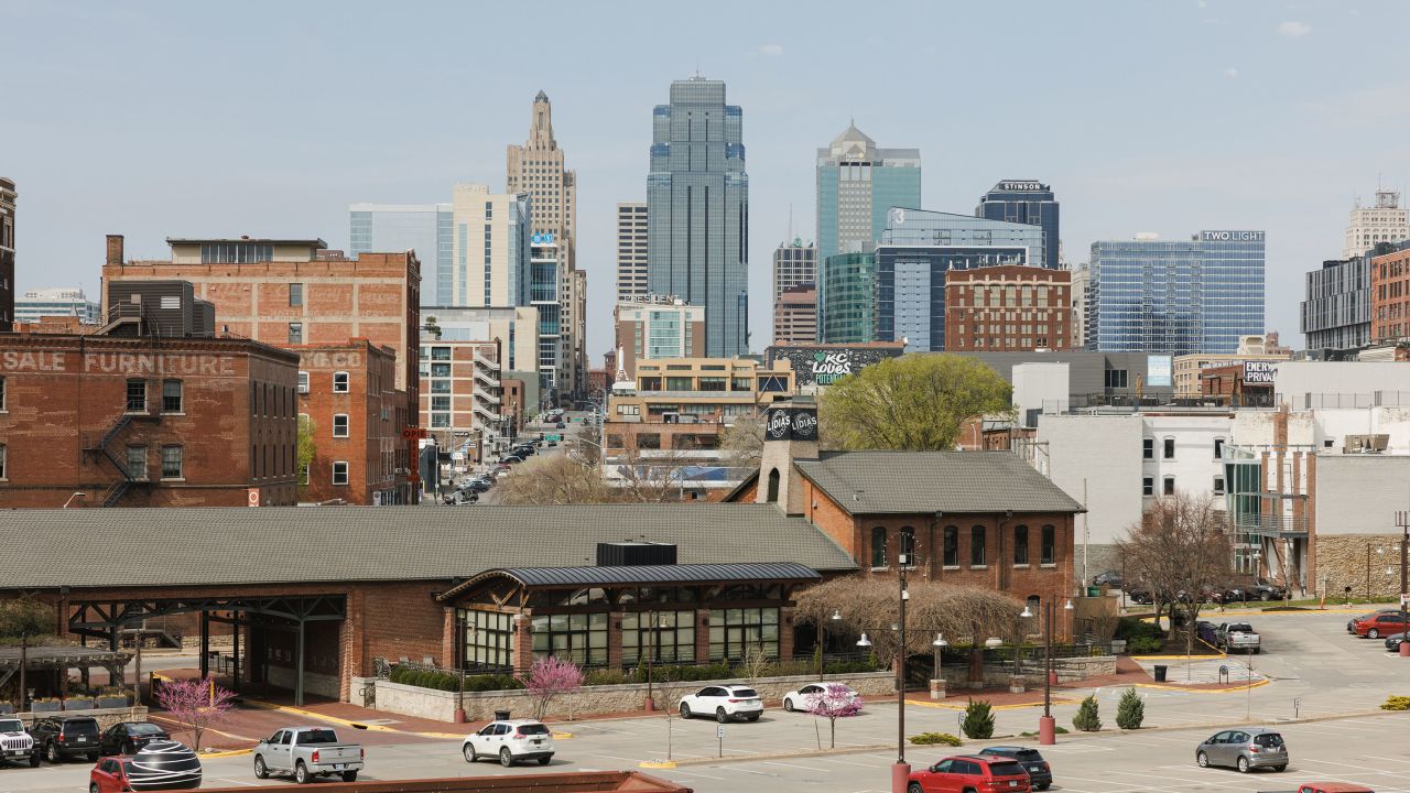 KANSAS CITY, MISSOURI - MARCH 27: The Kansas City skyline towers above the downtown area on March 27, 2025 in Kansas City, Missouri. (Photo by Chase Castor/CNN)